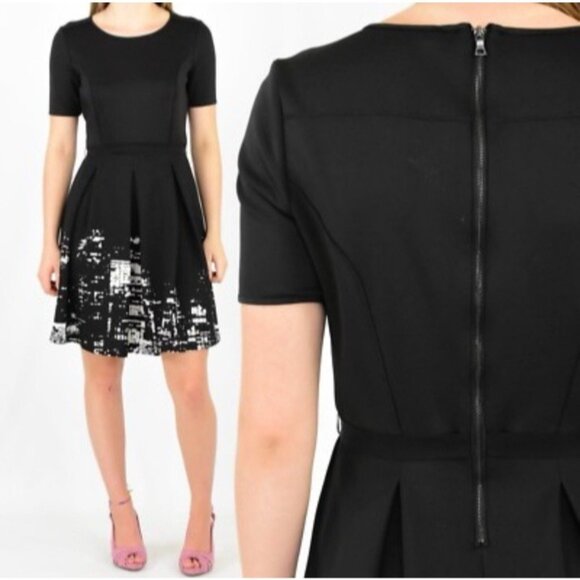 Elie Tahari A Line Dress 6 Black Ivory Night Combo Short Sleeve Washable Career - Picture 1 of 13